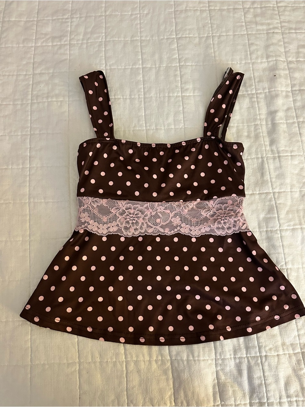 Brown Top with Pink Polka Dots and Lace Waist with bow in the back